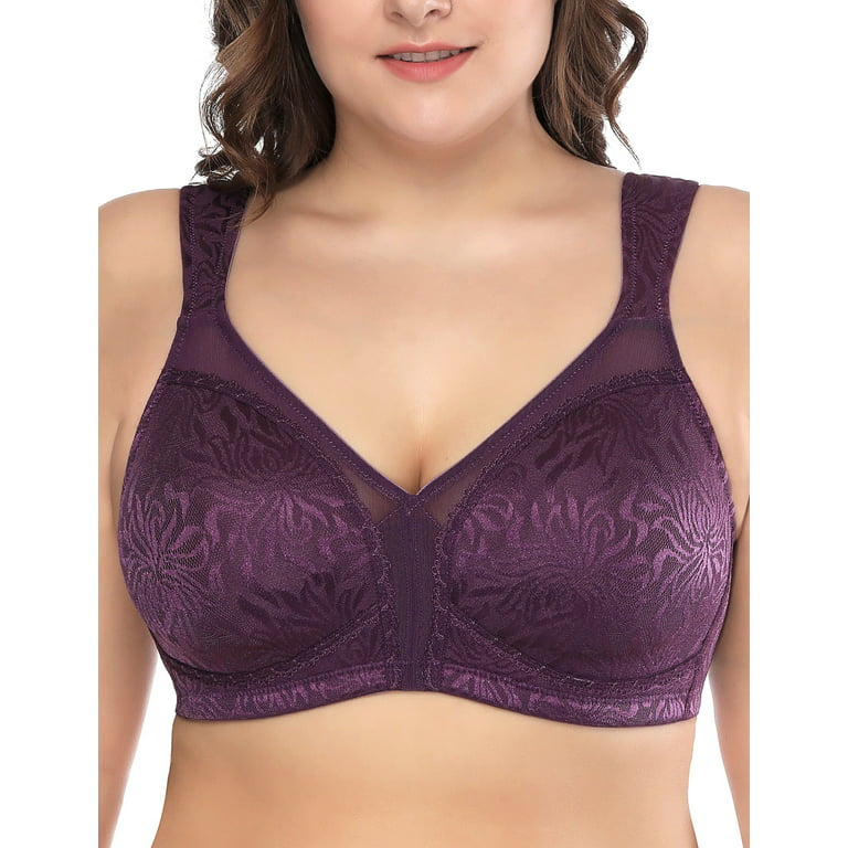  Womens Plus Size Full Coverage Underwire Unlined Minimizer  Lace Bra Brown Purple 44H