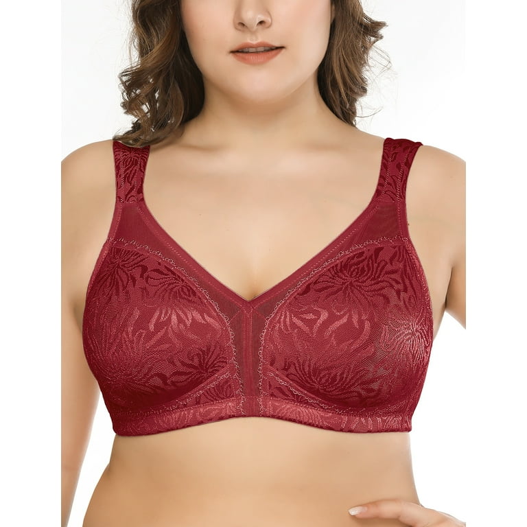  Womens Plus Size Full Coverage Underwire Unlined Minimizer  Lace Bra Dark Red 44DD