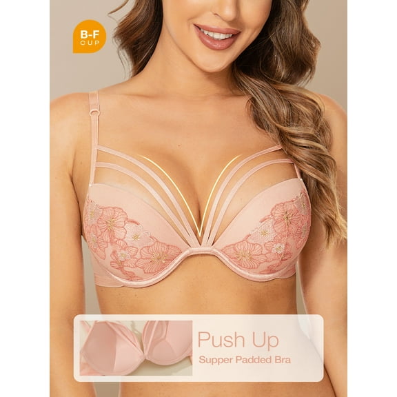 Deyllo Women's Plunge Super Padded Push Up Underwire Support T Shirt Bra, Pink Embroidery 38C
