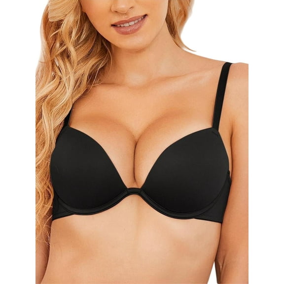 Deyllo Women's Plunge Super Padded Push Up Underwire T Shirt Bra, Black 34B