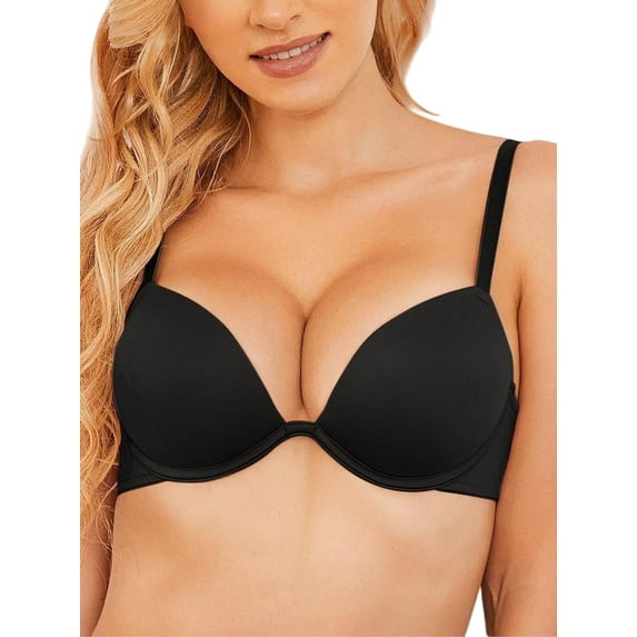 Deyllo Women's Plunge Super Padded Push Up Underwire T Shirt Bra, Black 34D