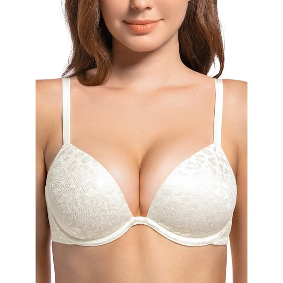 Deyllo Women's Plunge Super Padded Push Up Underwire T Shirt Bra, Ivory 34C