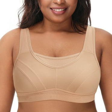 Deyllo Women's Sports Bras Plus Size High Impact Full Support Non-padded Wireless Workout Running Exercise Bra Activewear, Beige 48DD