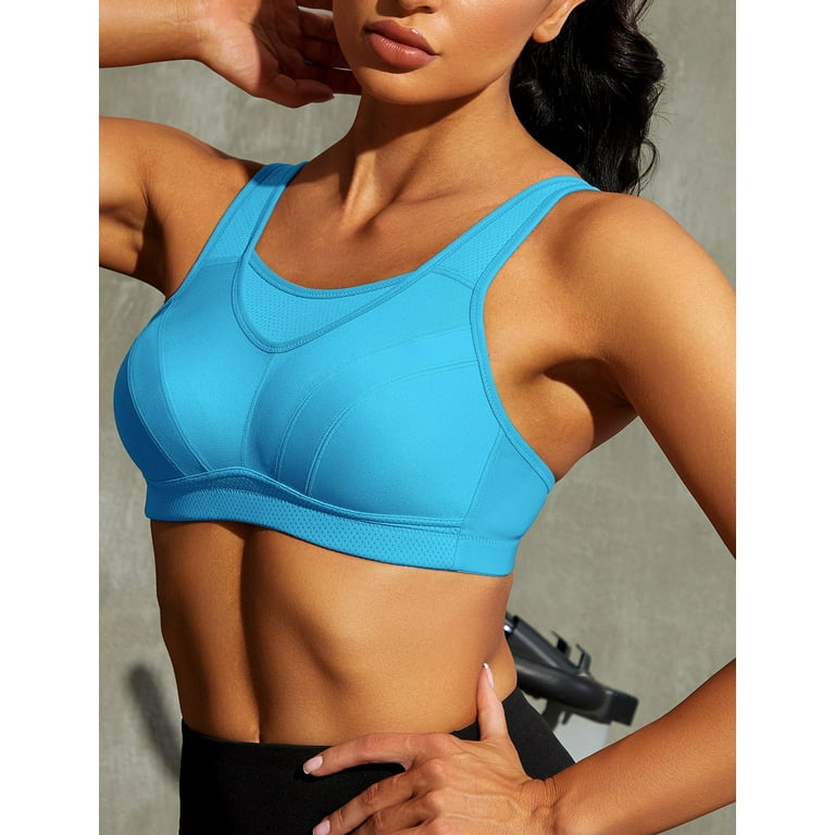Deyllo Women's Plus Size High Impact Full Support Wireless Workout Sports  Bra, Blue 42G 