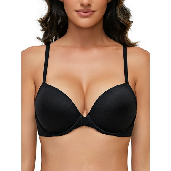 Deyllo Women's Push Up Bra Full Coverage Underwire Support Padded Seamless T Shirt Bra, Black 38D