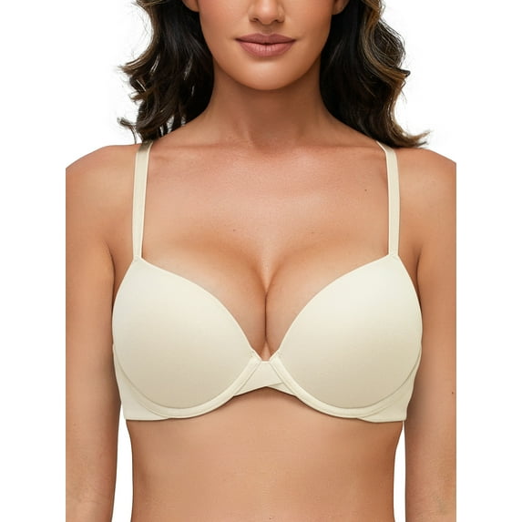 Deyllo Women's Push Up Bra Full Coverage Underwire Support Padded Seamless T Shirt Bra, Ivory 32C