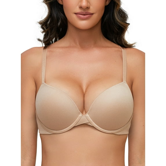 Deyllo Women's Push Up Bra Full Coverage Underwire Support Padded Seamless T Shirt Bra, Nude 38DDD