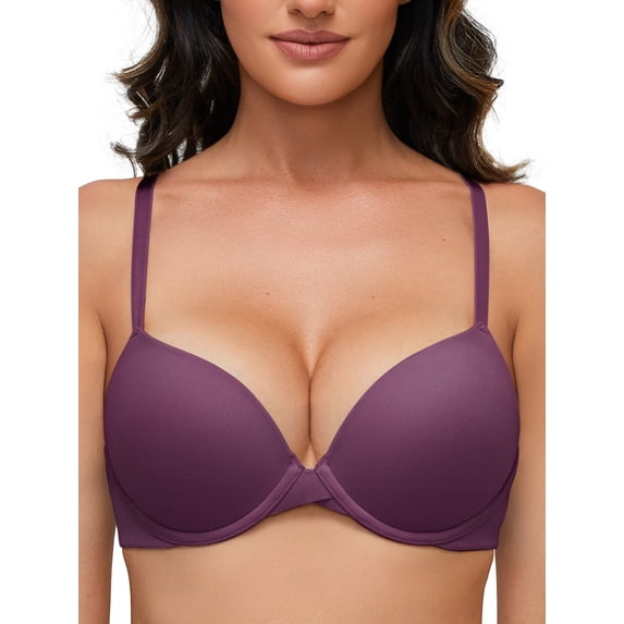 Deyllo Women's Push Up Bra Full Coverage Underwire Support Padded Seamless T Shirt Bra, Purple 36B