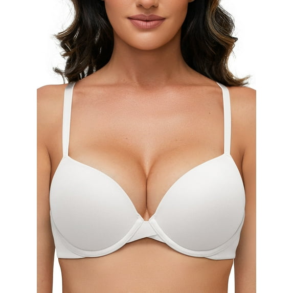 Deyllo Women's Push Up Bra Full Coverage Underwire Support Padded Seamless T Shirt Bra, White 32DDD