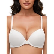 Deyllo Womens Push Up Bra Full Coverage Underwire Support Padded Seamless T Shirt Bra, White 36D