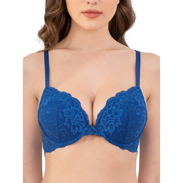Deyllo Women's Push Up Bra Padded Plunge Add Cups Underwire Lace Lift Up Bra, royal blue 40DDD