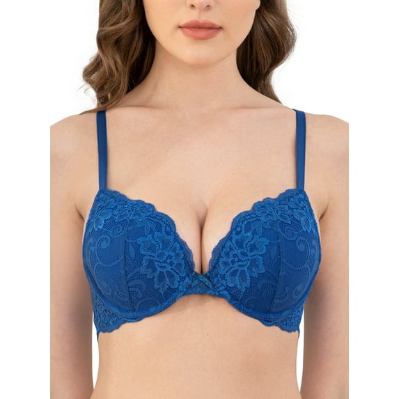 Deyllo Women's Push Up Bra Padded Plunge Add Cups Underwire Lace Lift Up Bra, royal blue 36DDD
