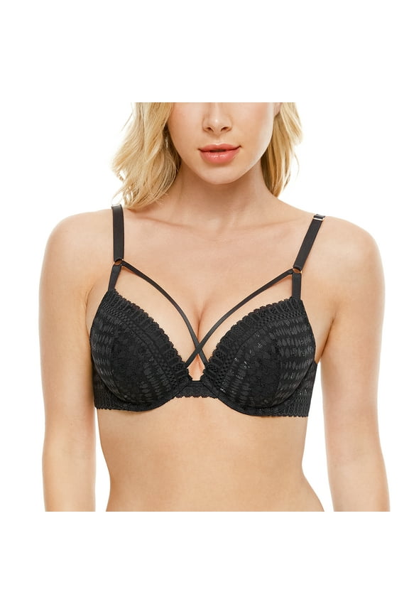 Women's Push Up Bra Sexy Lace Plunge Padded Underwire Bra, Black 32B