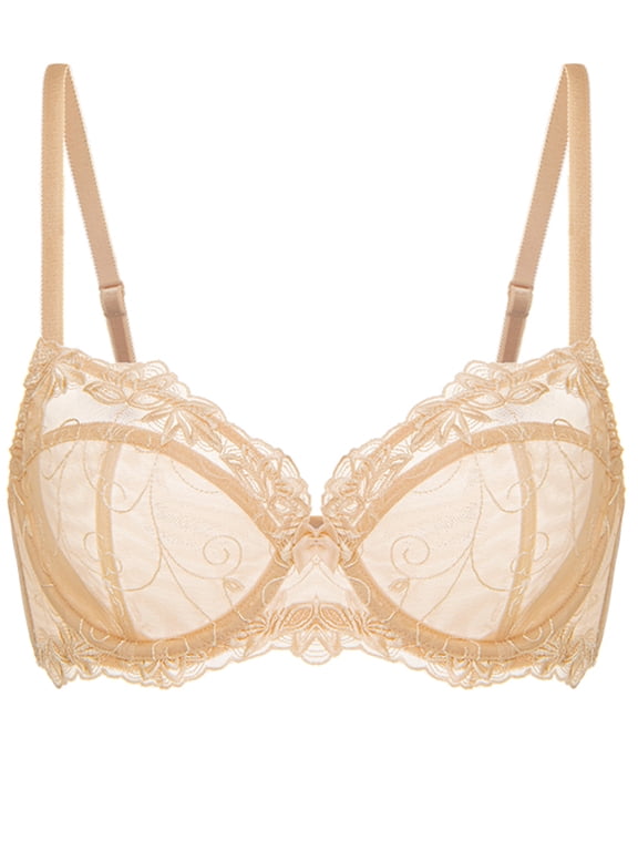 Women's Push Up Lace Bras Plus Size Non Padded Full Cup Underwire Support See Through Bra, Nude 44G