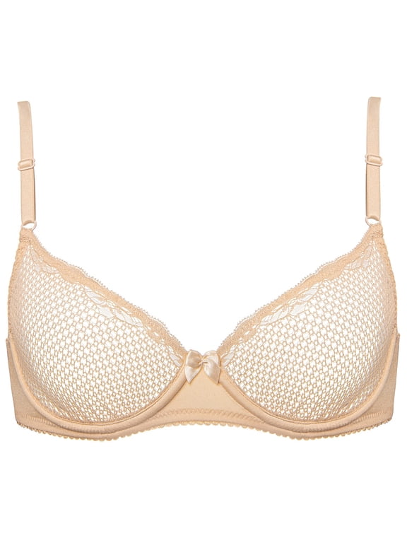 Women's Push Up Sexy Lace Bra Unlined Underwire Support 1/2 Half Cup Demi Mesh Mesh See Through Bra, Nude 32B
