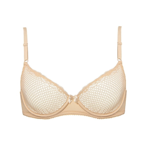 Deyllo Women's Push Up Sexy Lace Bra Unlined Underwire Support 1/2 Half Cup Demi Mesh Mesh See Through Bra, Nude 34A