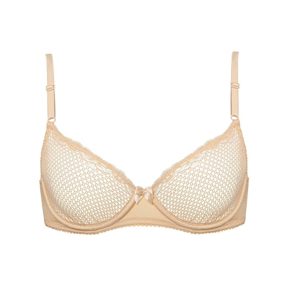 Deyllo Women's Push Up Sexy Lace Bra Unlined Underwire Support 1/2 Half Cup Demi Mesh Mesh See Through Bra, Nude 34C