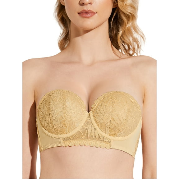 Deyllo Women's Push Up Strapless Bra Lace Underwire Full Coverage Multiway Invisible Bras,Beige 34DD