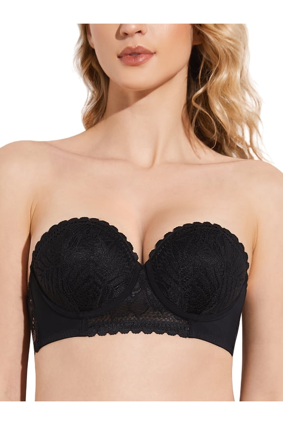 Women's Push Up Strapless Bra Lace Underwire Full Coverage Multiway Invisible Bras,Black 36C