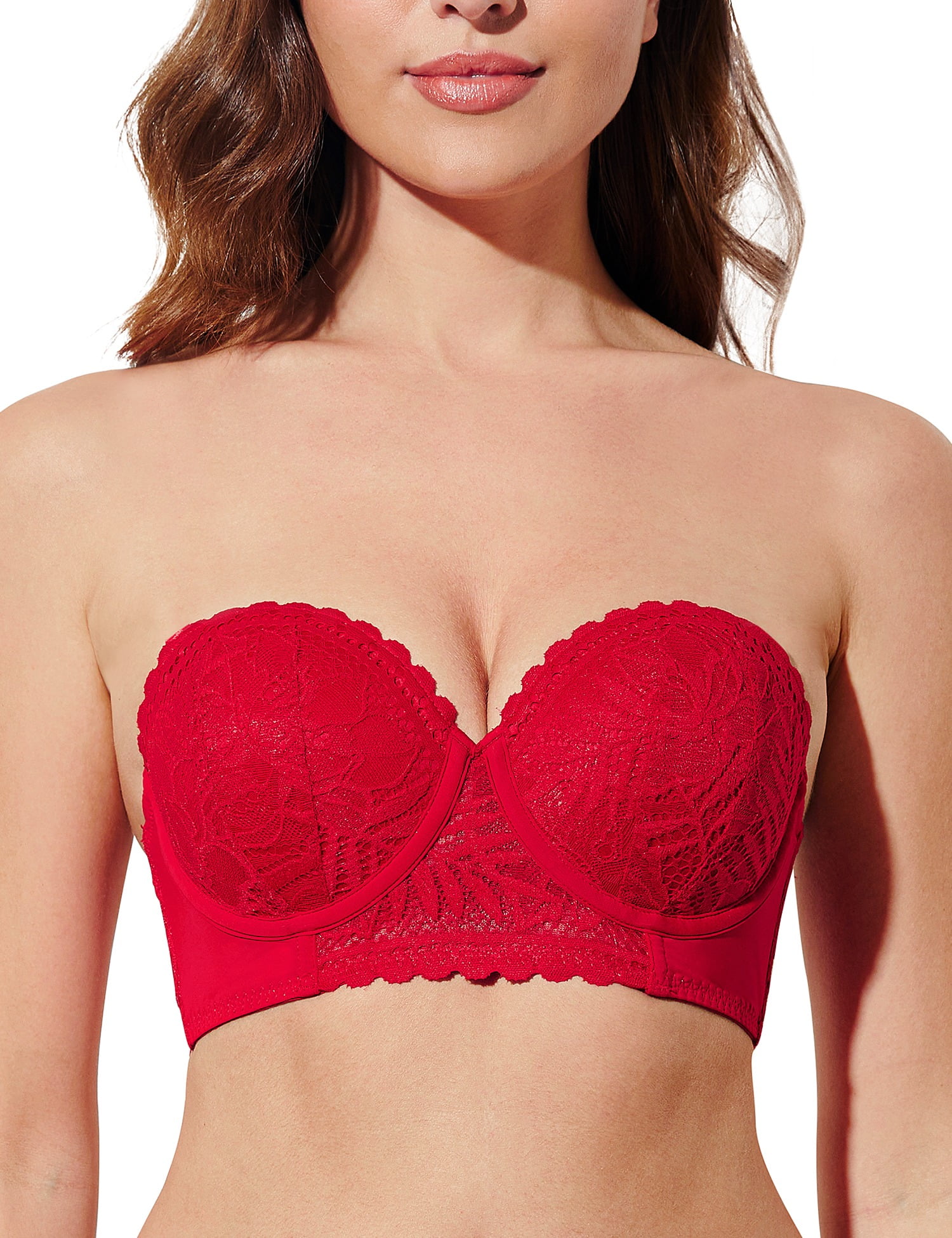 Deyllo Women's Push Up Strapless Bra Lace Underwire Full Coverage Multiway  Invisible Bras,Red 34C 