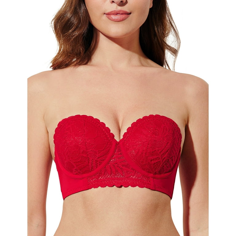 Deyllo Women's Push Up Strapless Bra Lace Underwire Full Coverage Multiway  Invisible Bras,Red 34C 