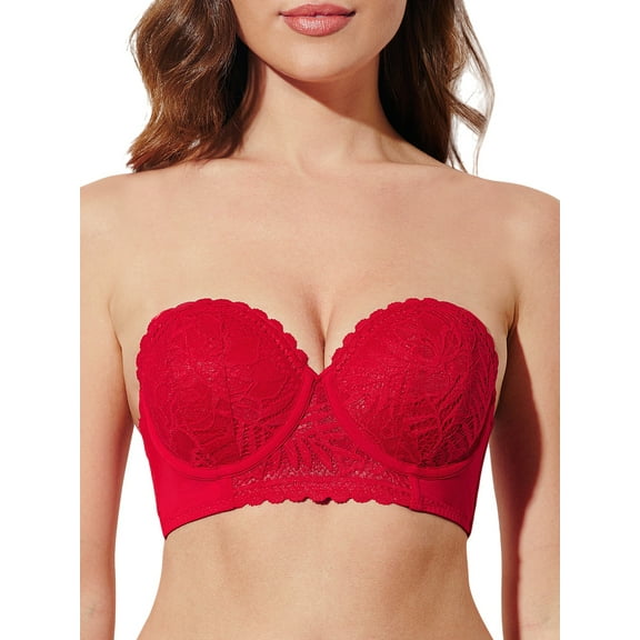 Deyllo Women's Push Up Strapless Bra Lace Underwire Full Coverage Multiway Invisible Bras,Red 34DD