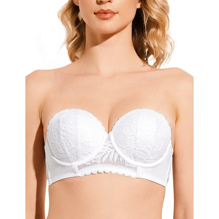 Deyllo Women's Push Up Strapless Bra Lace Underwire Full Coverage Multiway  Invisible Bras,White 34B