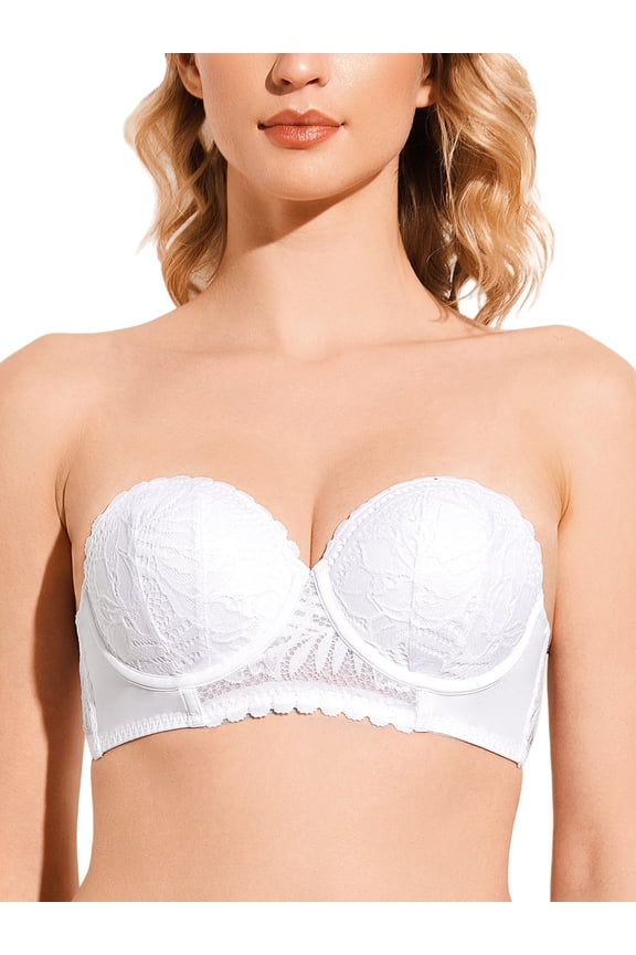 Women's Push Up Strapless Bra Lace Underwire Full Coverage Multiway Invisible Bras,White 34DD