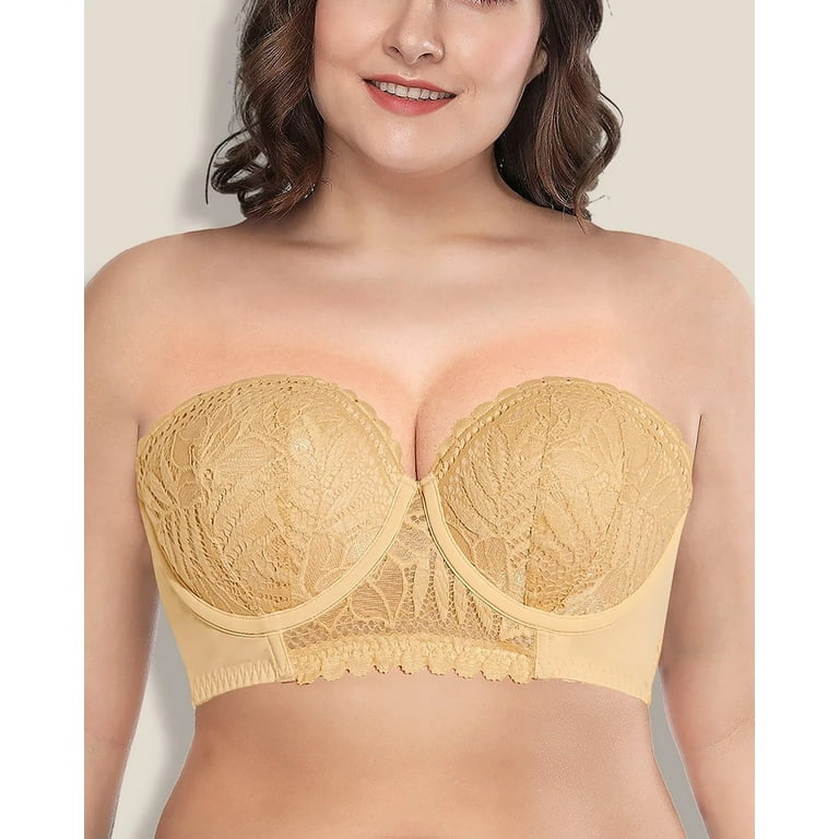 Deyllo Women's Push Up Strapless Bra Plus Size Lace Underwire Full Coverage  Multiway Invisible Bras,Beige 40C
