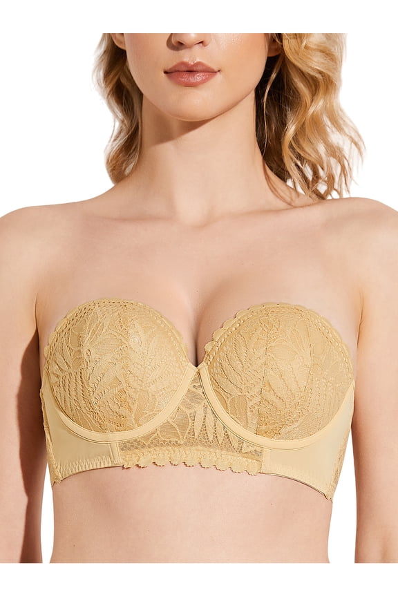 Women's Push Up Strapless Bra Plus Size Lace Underwire Full Coverage Multiway Invisible Bras,Beige 40DD