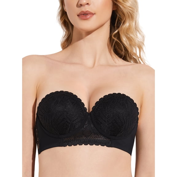 Deyllo Women's Push Up Strapless Bra Plus Size Lace Underwire Full Coverage Multiway Invisible Bras,Black 40B