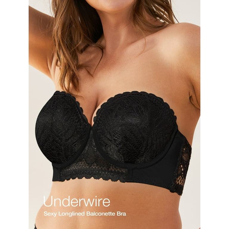 Deyllo Women's Push Up Strapless Bra Plus Size Lace Underwire Full Coverage  Multiway Invisible Bras,Black 40D 