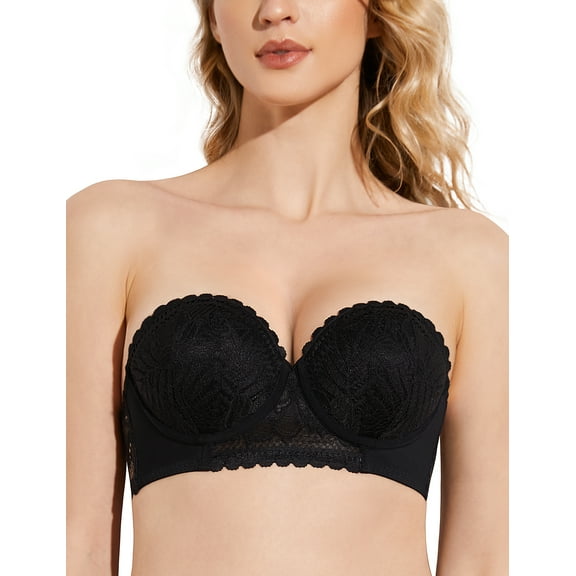 Deyllo Women's Push Up Strapless Bra Plus Size Lace Underwire Full Coverage Multiway Invisible Bras,Black 42B