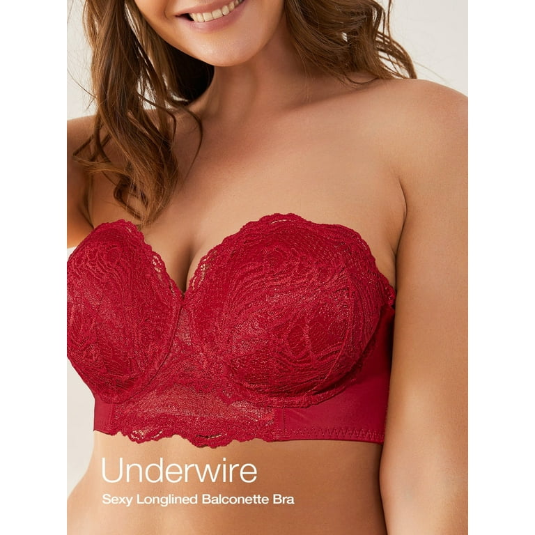 Deyllo Women's Push Up Strapless Bra Plus Size Lace Underwire Full Coverage  Multiway Invisible Bras,Red 38D 