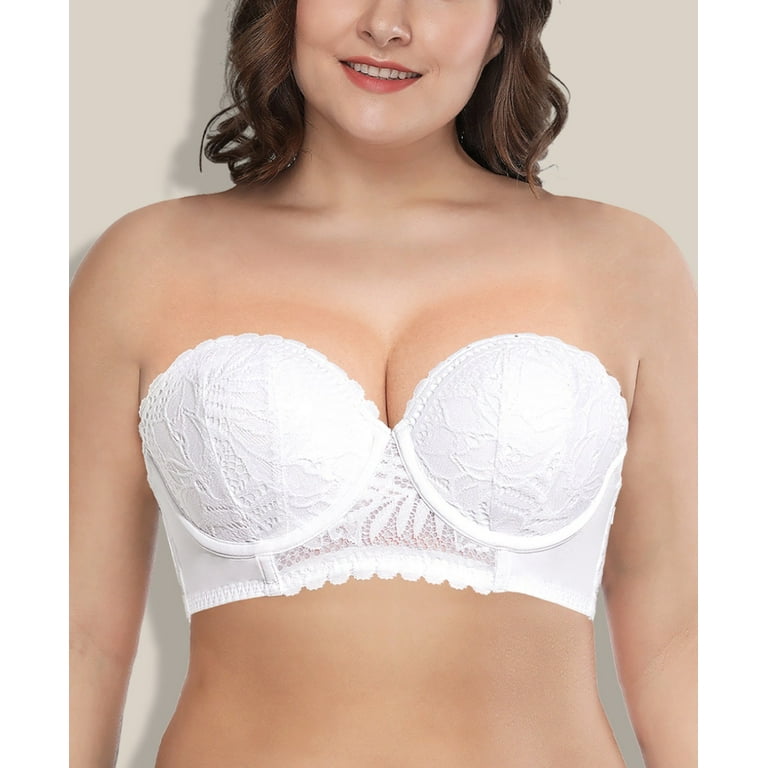 Deyllo Women's Push Up Strapless Bra Plus Size Lace Underwire Full Coverage  Multiway Invisible Bras,White 36B 