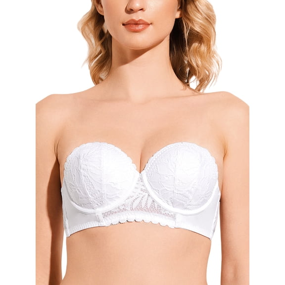 Deyllo Women's Push Up Strapless Bra Plus Size Lace Underwire Full Coverage Multiway Invisible Bras,White 40D