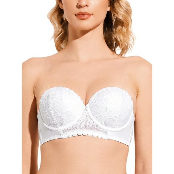 Deyllo Women's Push Up Strapless Bra Plus Size Lace Underwire Full Coverage Multiway Invisible Bras,White 42B