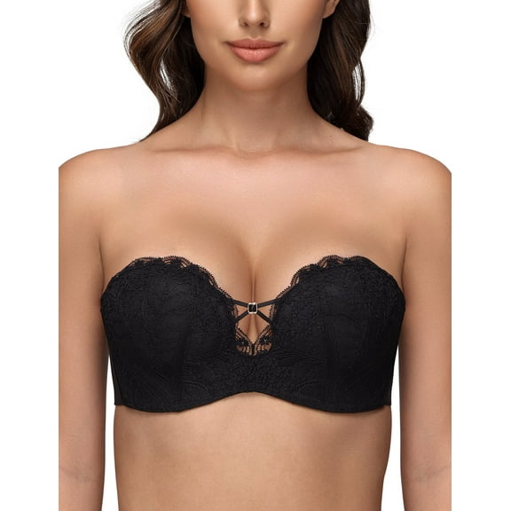 Deyllo Women's Push Up Strapless Bra Plus Size Wireless Lace Multi-Way Convertible Straps Padded Support Bra,Black 32DD