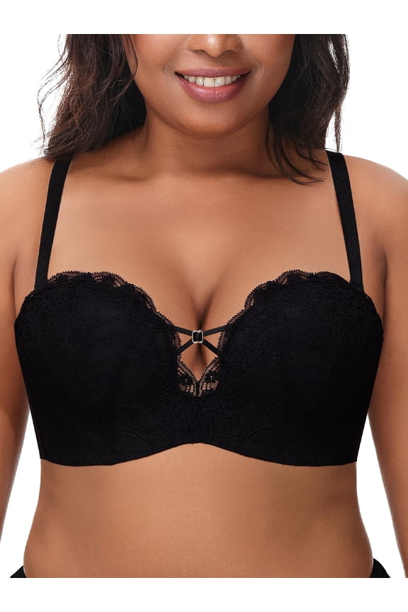 Women's Push Up Strapless Bra Plus Size Wireless Lace Multi-Way Convertible Straps Padded Support Bra,Black 32D