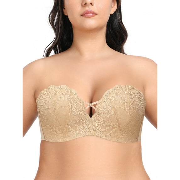 Deyllo Women's Push Up Strapless Bra Plus Size Wireless Lace Multi-Way Convertible Straps Padded Support Bra,Nude 36C