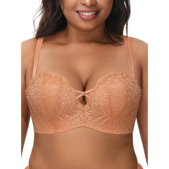 Deyllo Women's Push Up Strapless Bra Plus Size Wireless Lace Multi-Way Convertible Straps Padded Support Bra,Orange 32DD