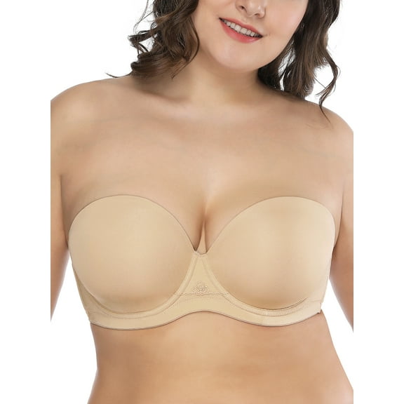 Deyllo Women's Push Up Strapless Bras Full Cup Plus Size Underwire Support Padded Bra, Beige 36DDD