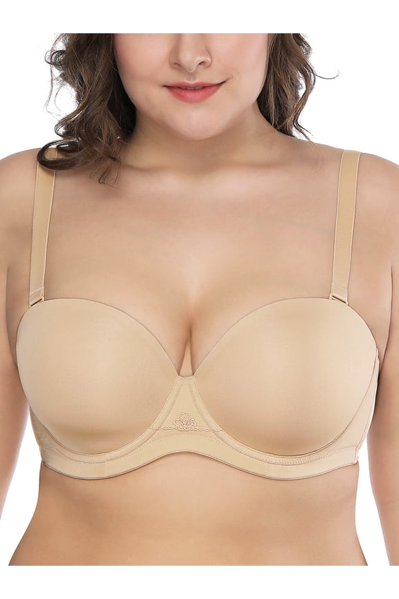 Women's Push Up Strapless Bras Full Cup Plus Size Underwire Support Padded Bra, Beige 36DDD