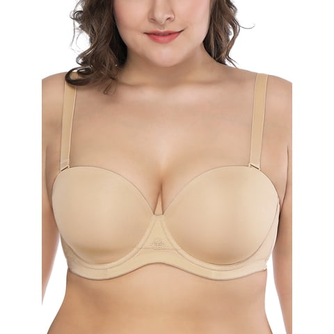 Women's Push Up Strapless Bras Full Cup Plus Size Underwire Support Padded Bra, Beige 36D