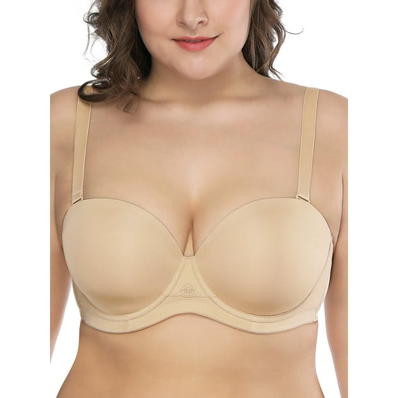 Deyllo Women's Push Up Strapless Bras Full Cup Plus Size Underwire Support Padded Bra, Beige 40D