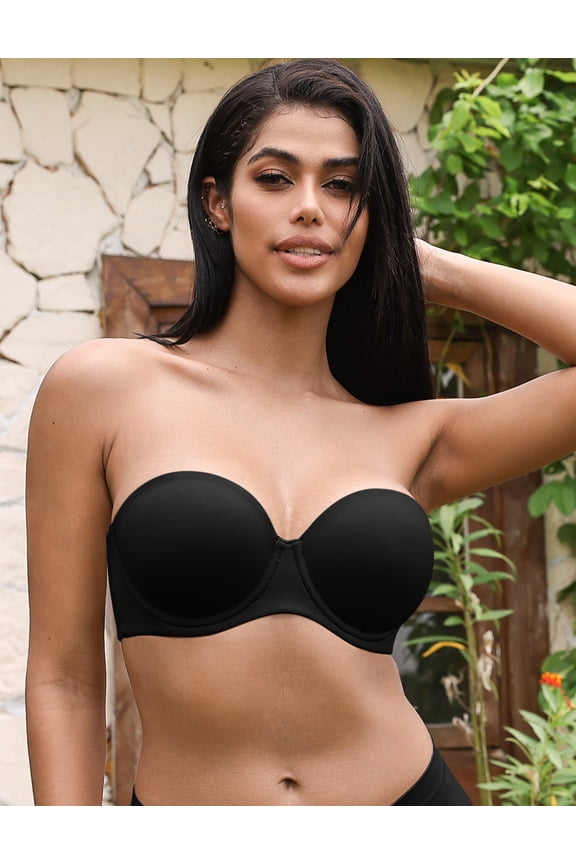 Women's Push Up Strapless Bras Plus Size No-slip Full Coverage Underwire Support Smooth Contour Party Dress Bra, Black 36DD