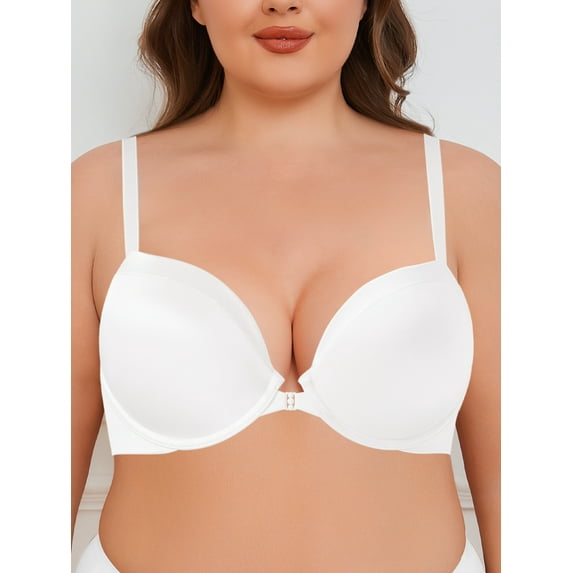 Deyllo Women's Push Up T-Shirt Bras Full Cup Padded Plunge Underwire Support Lift Up Add One Cup Seamless Bra,White 38DD