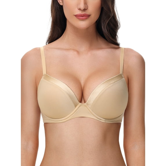Deyllo Women's Push up Bras Full Coverage Lightly Padded Underwire Support Seamless T-shirt Bra, Nude 32B