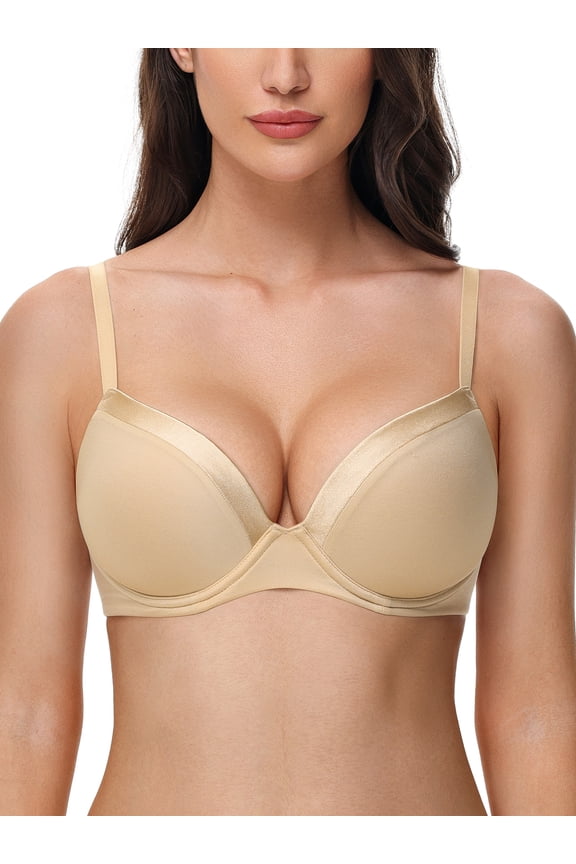 Women's Push up Bras Full Coverage Lightly Padded Underwire Support Seamless T-shirt Bra, Nude 34D