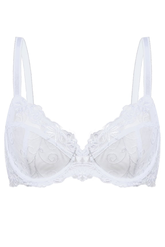 Women's Push up Lace Bra Plus Size Non Padded Full Cup Underwire Support Demi See Though Bra, White 42D